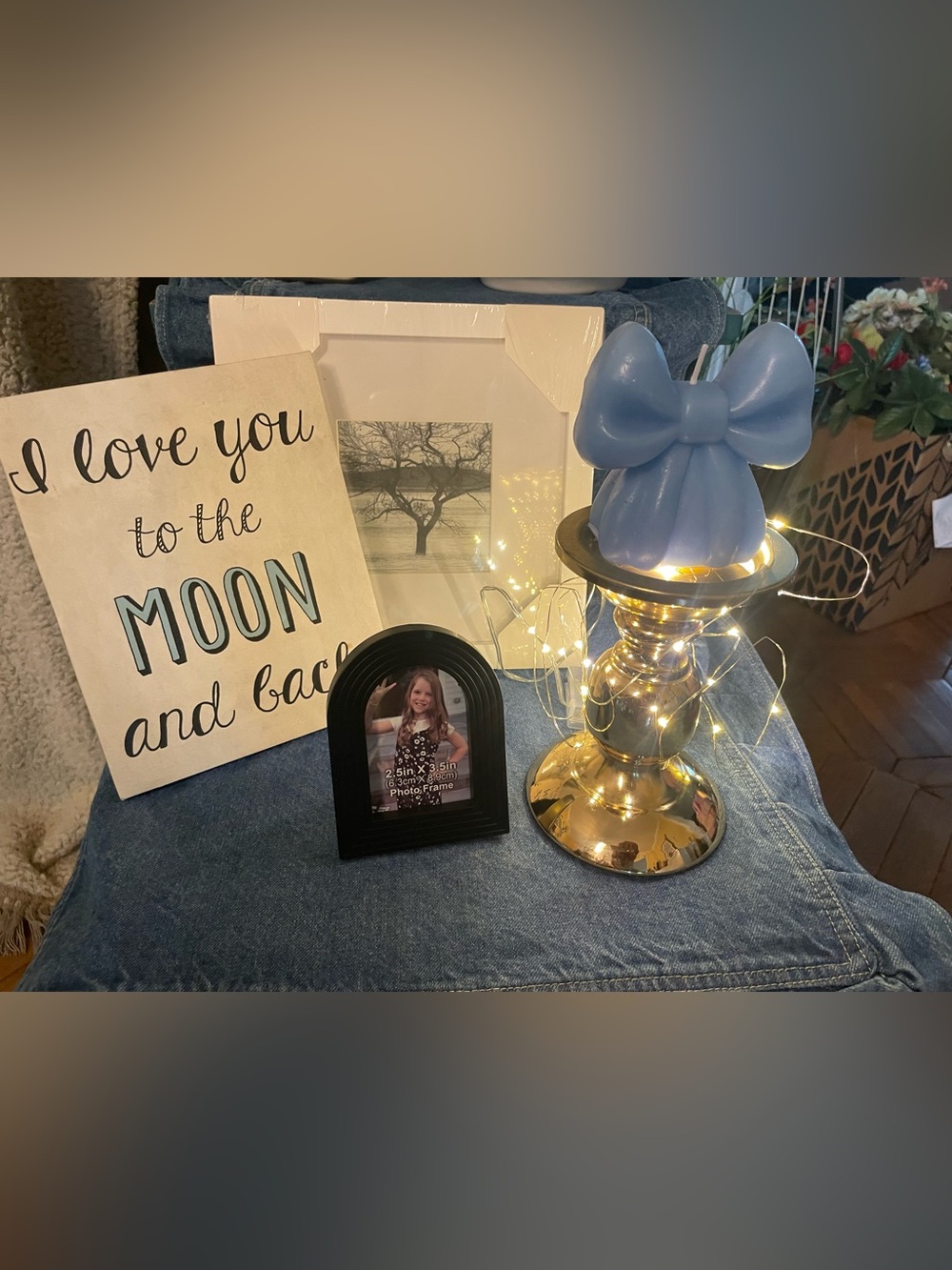 6 piece girls room bundle Blue Bow Candle, gold metal Holder, fairy lights..